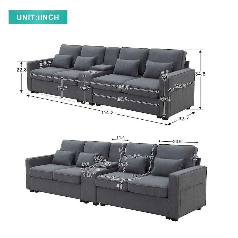 Canapé rembourré de 114,2 po avec console, 2 porte-gobelets et 2 ports USB (chargement avec ou sans fil)