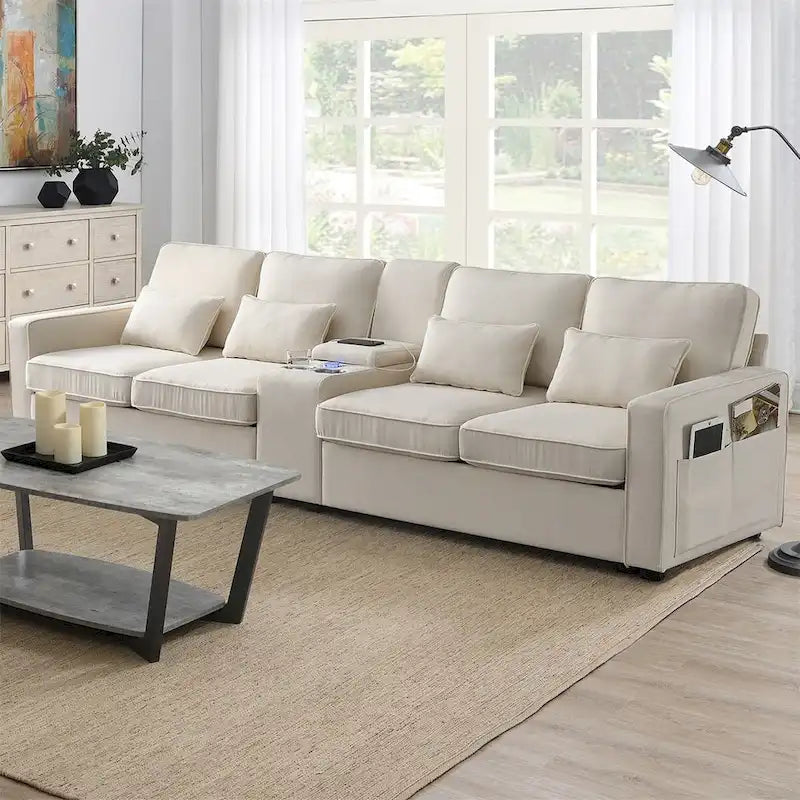 Canapé rembourré de 114,2 po avec console, 2 porte-gobelets et 2 ports USB (chargement avec ou sans fil)