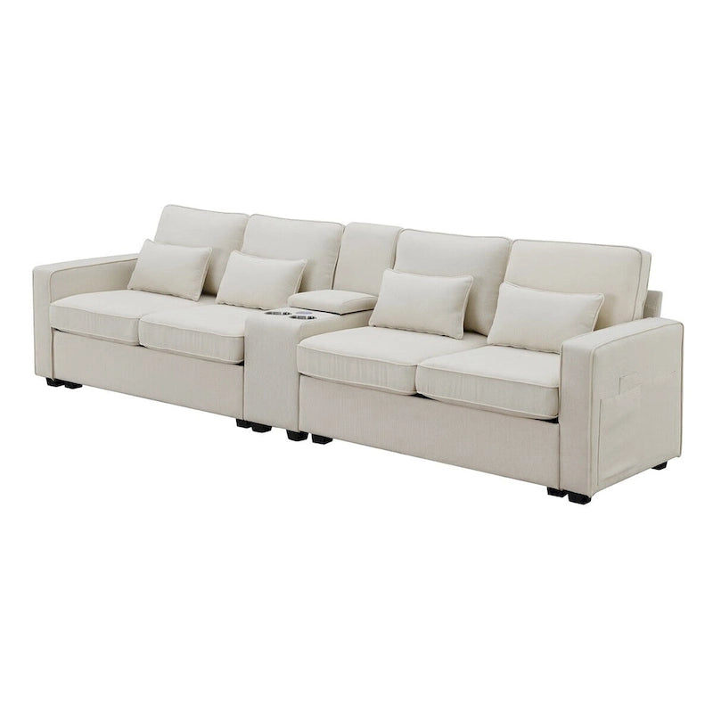Canapé rembourré de 114,2 po avec console, 2 porte-gobelets et 2 ports USB (chargement avec ou sans fil)