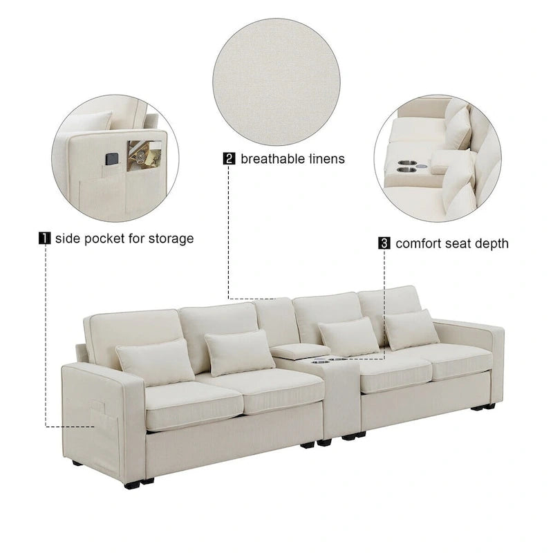 Canapé rembourré de 114,2 po avec console, 2 porte-gobelets et 2 ports USB (chargement avec ou sans fil)