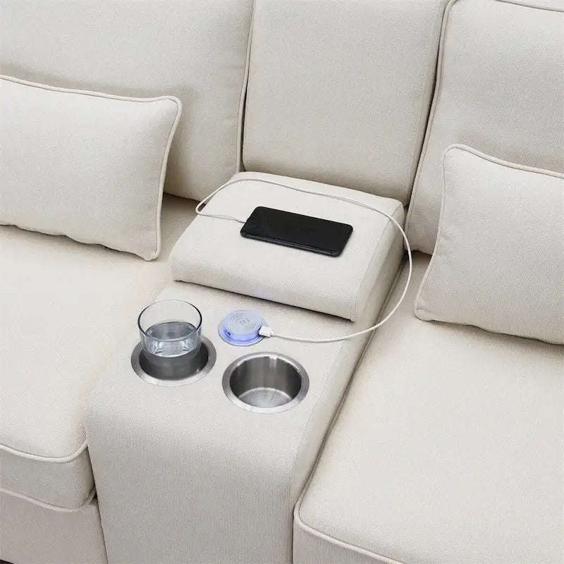 Canapé rembourré de 114,2 po avec console, 2 porte-gobelets et 2 ports USB (chargement avec ou sans fil)