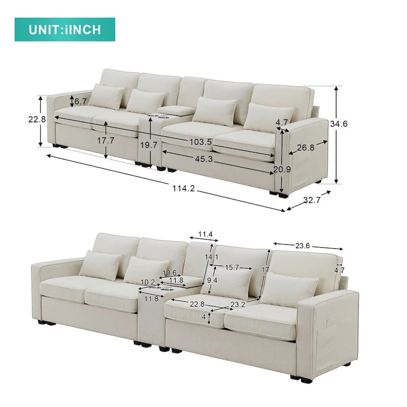 Canapé rembourré de 114,2 po avec console, 2 porte-gobelets et 2 ports USB (chargement avec ou sans fil)