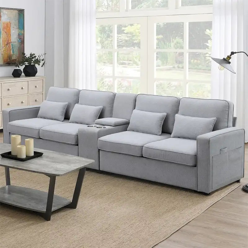 Canapé rembourré de 114,2 po avec console, 2 porte-gobelets et 2 ports USB (chargement avec ou sans fil)