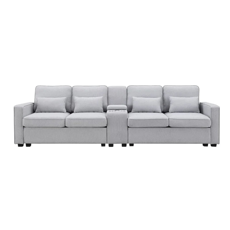 Canapé rembourré de 114,2 po avec console, 2 porte-gobelets et 2 ports USB (chargement avec ou sans fil)