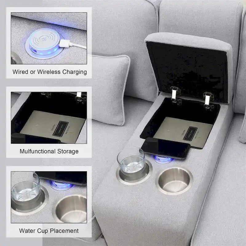 Canapé rembourré de 114,2 po avec console, 2 porte-gobelets et 2 ports USB (chargement avec ou sans fil)