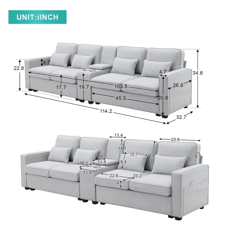 Canapé rembourré de 114,2 po avec console, 2 porte-gobelets et 2 ports USB (chargement avec ou sans fil)