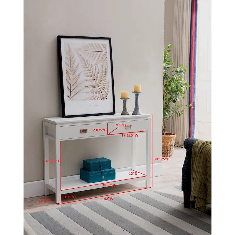 Console Sofa Table avec étagère de rangement / 2 tiroirs, Blanc