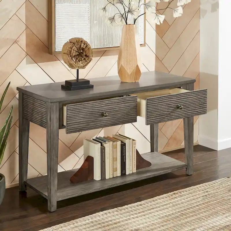 Table basse avec étagère en fibrociment gris, finition gris antique