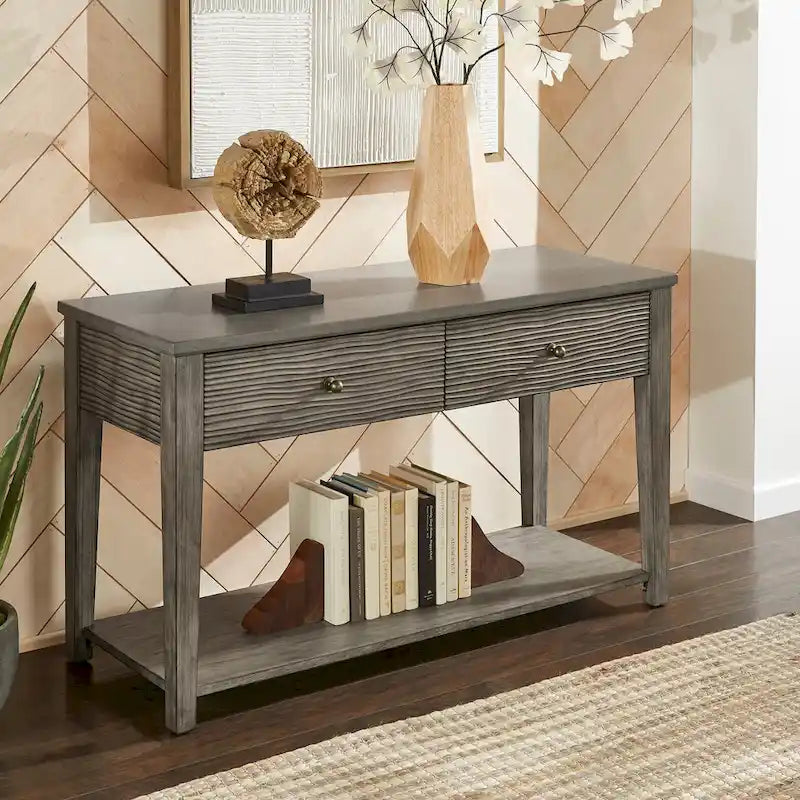 Table basse avec étagère en fibrociment gris, finition gris antique