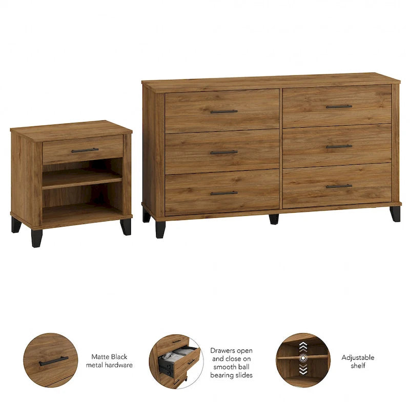 Commode à 6 tiroirs et table de chevet Somerset