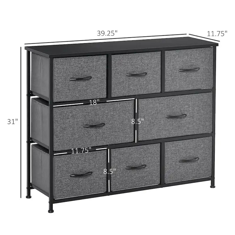 Commode à 8 tiroirs, commode en tissu à 3 niveaux, unité de rangement avec cadre en acier et plateau en bois pour chambre à coucher