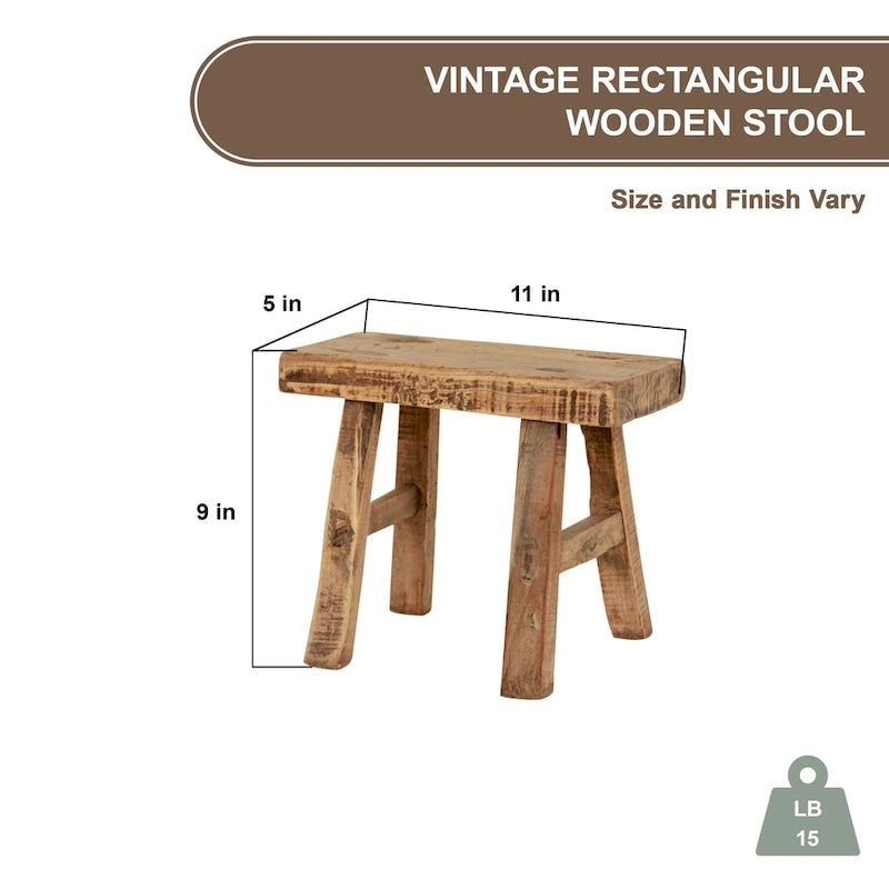 Mini tabouret rectangulaire vintage en bois naturel de 11 po de large - 11 L x 5 P x 9 H