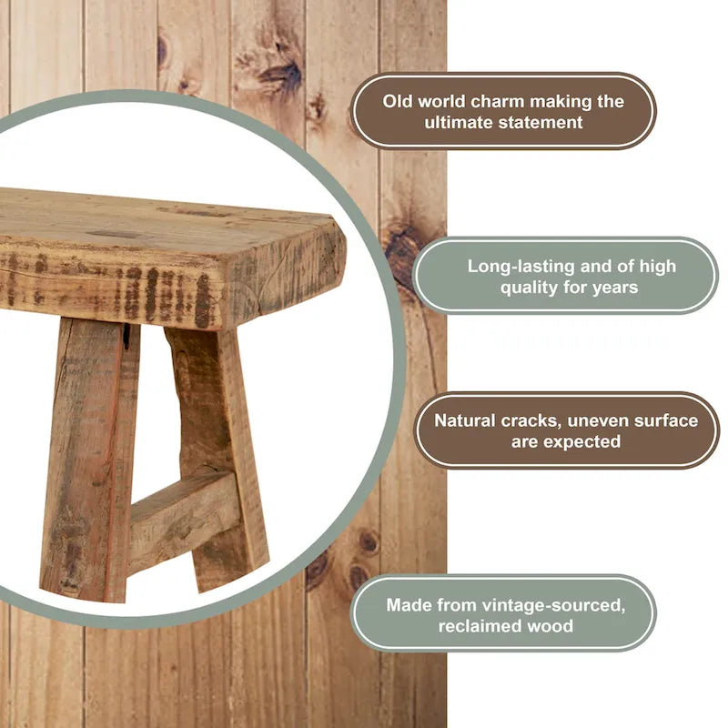 Mini tabouret rectangulaire vintage en bois naturel de 11 po de large - 11 L x 5 P x 9 H