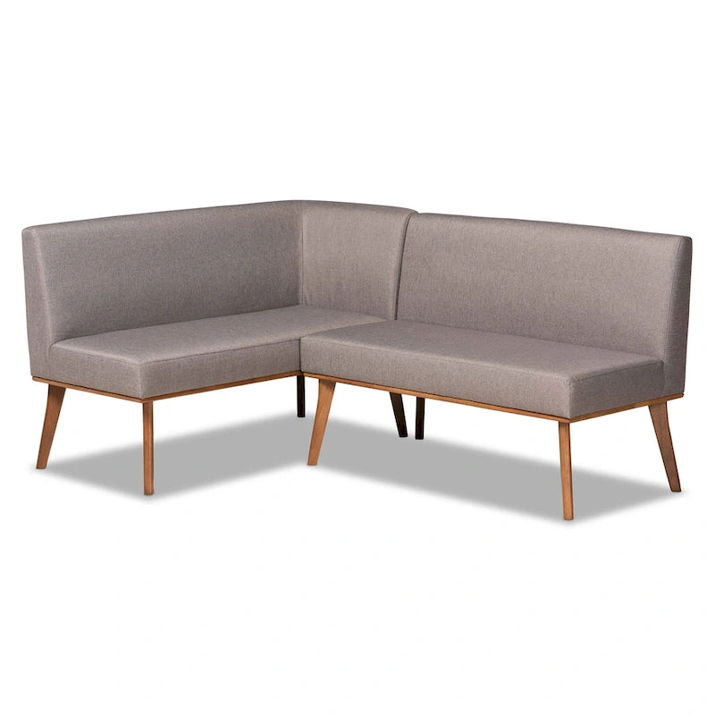 Banquette de coin repas 2 pièces Odessa en tissu gris et bois de noyer