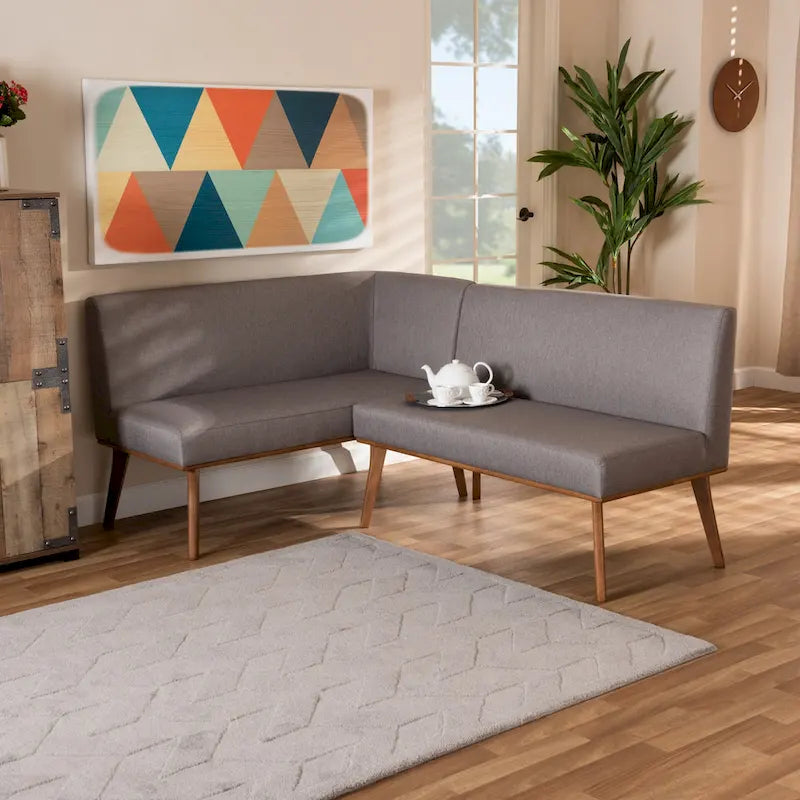 Banquette de coin repas 2 pièces Odessa en tissu gris et bois de noyer