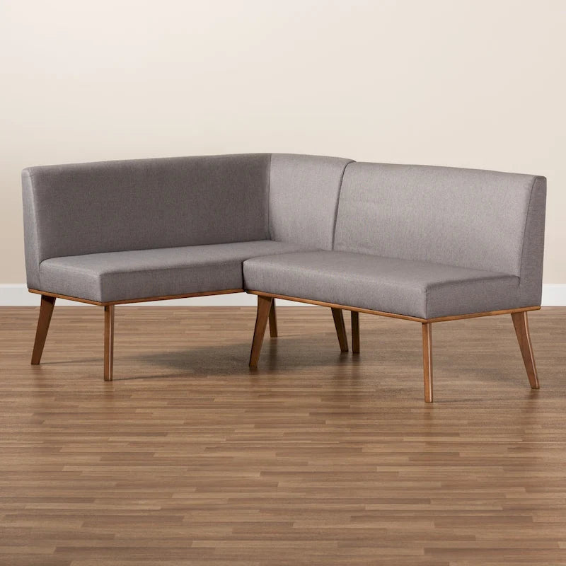 Banquette de coin repas 2 pièces Odessa en tissu gris et bois de noyer