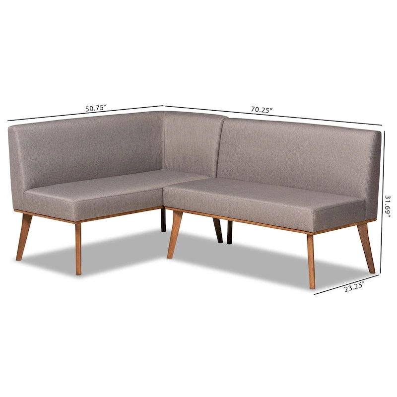 Banquette de coin repas 2 pièces Odessa en tissu gris et bois de noyer