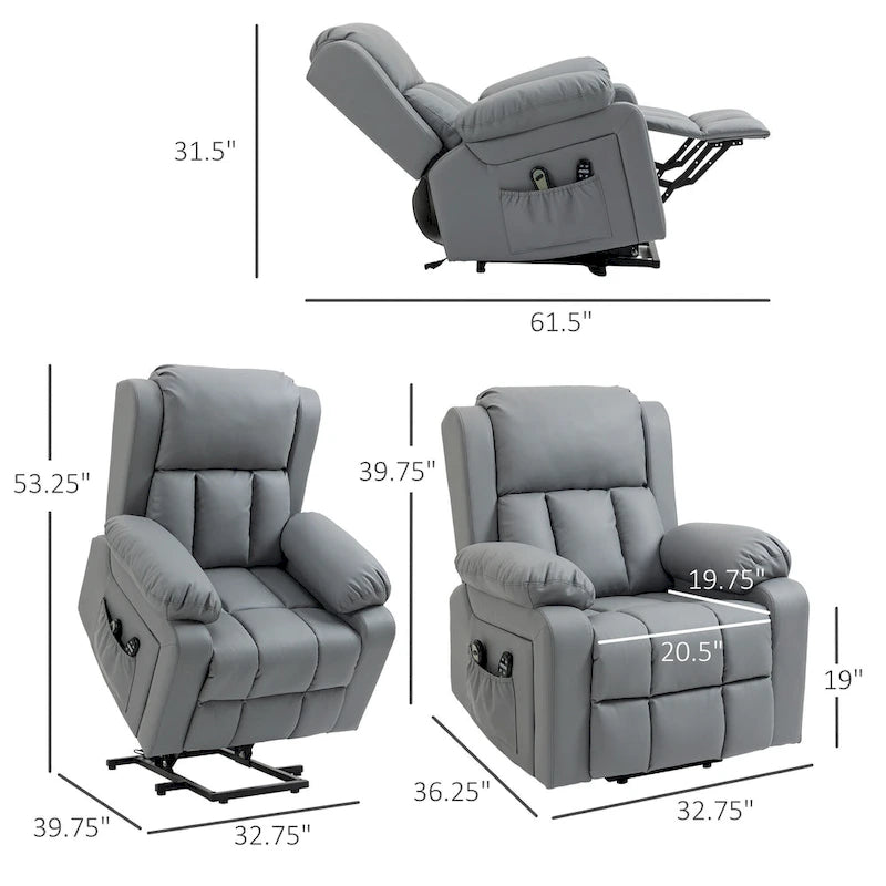 Fauteuil inclinable électrique en cuir PU pour personnes âgées avec massage par vibration, télécommande et poches latérales