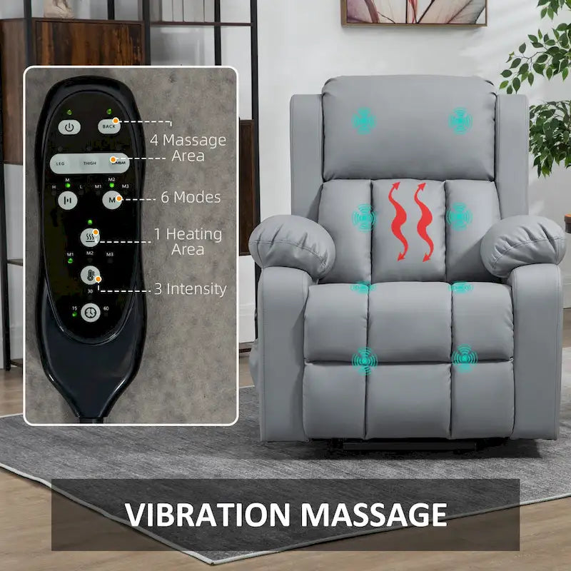 Fauteuil inclinable électrique en cuir PU pour personnes âgées avec massage par vibration, télécommande et poches latérales