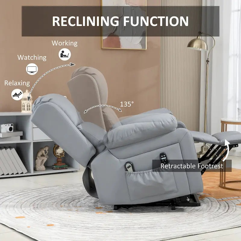 Fauteuil inclinable électrique en cuir PU pour personnes âgées avec massage par vibration, télécommande et poches latérales