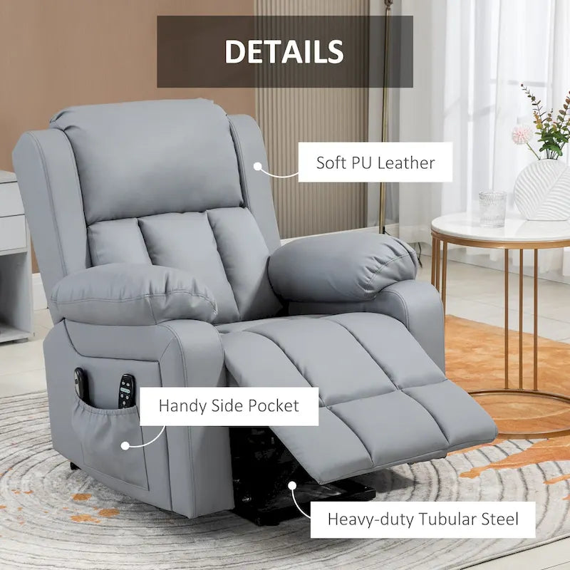 Fauteuil inclinable électrique en cuir PU pour personnes âgées avec massage par vibration, télécommande et poches latérales
