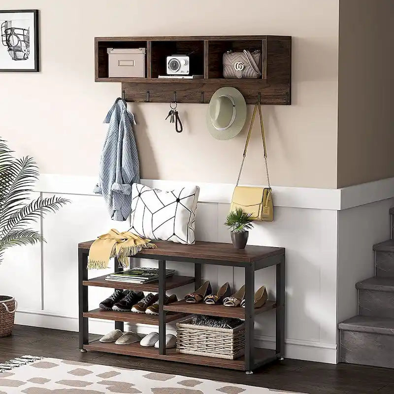 Meuble d'entrée avec porte-manteaux et banc à chaussures, Arbre à chaussures industriel avec porte-manteaux