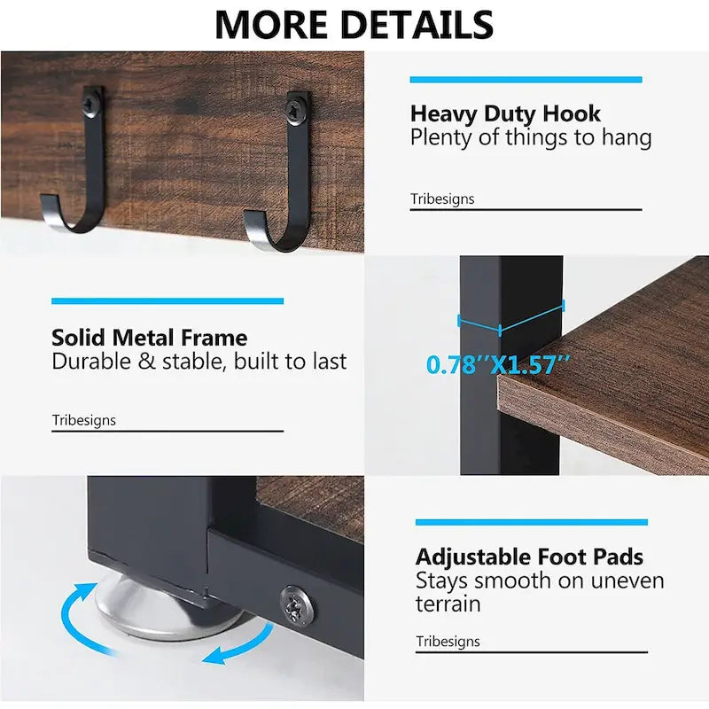 Meuble d'entrée avec porte-manteaux et banc à chaussures, Arbre à chaussures industriel avec porte-manteaux