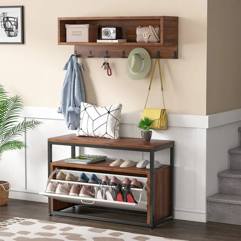 Meuble d'entrée avec porte-manteaux et banc à chaussures, Arbre à chaussures industriel avec porte-manteaux