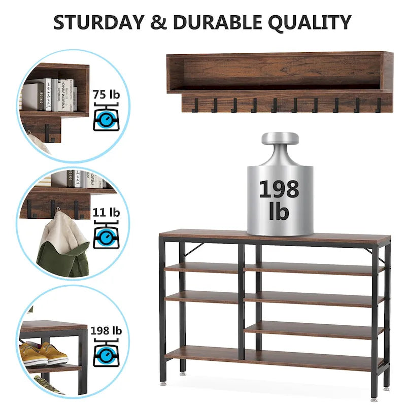 Meuble d'entrée avec porte-manteaux et banc à chaussures, Arbre à chaussures industriel avec porte-manteaux