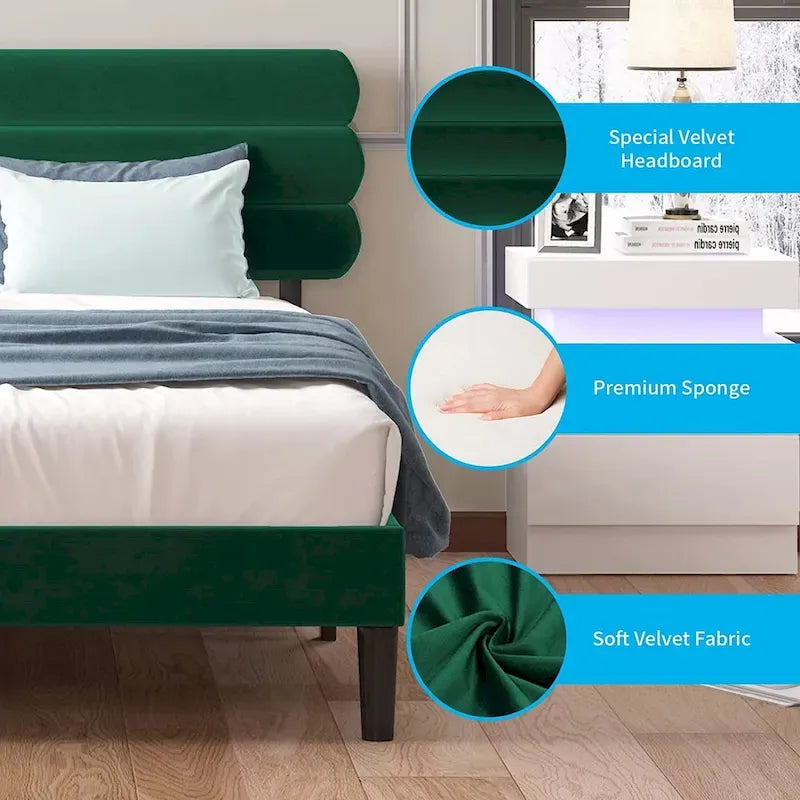 Meubles de chambre à coucher rembourrés en tissu, cadre de lit tapissé avec tête de lit capitonnée en velours