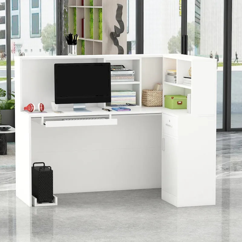 Bureau d'accueil en bois en forme de L, marbré noir ou blanc, de 55,9 pouces