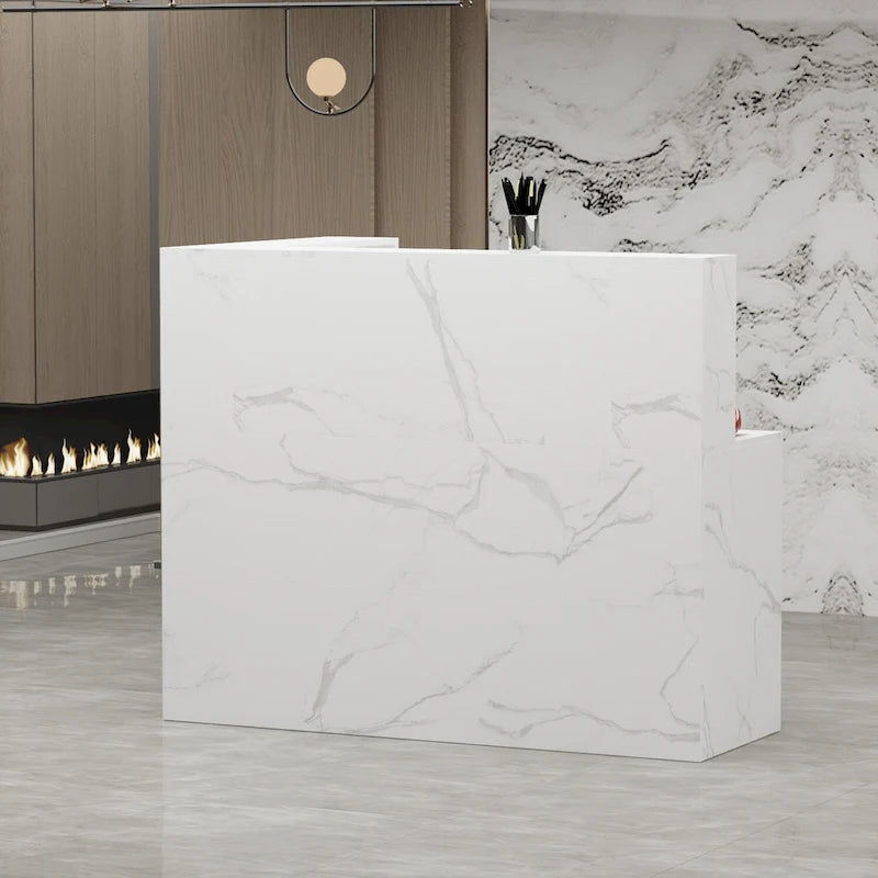 Bureau d'accueil en bois en forme de L, marbré noir ou blanc, de 55,9 pouces