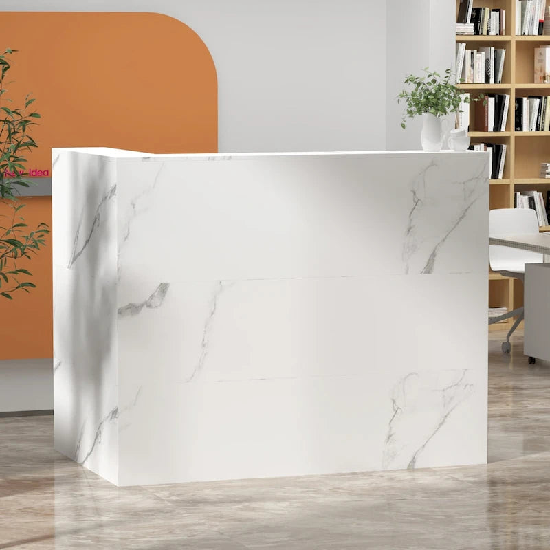 Bureau d'accueil en bois en forme de L, marbré noir ou blanc, de 55,9 pouces