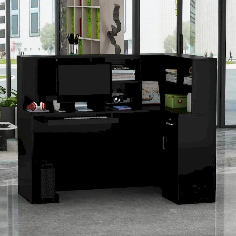 Bureau d'accueil en bois en forme de L, marbré noir ou blanc, de 55,9 pouces