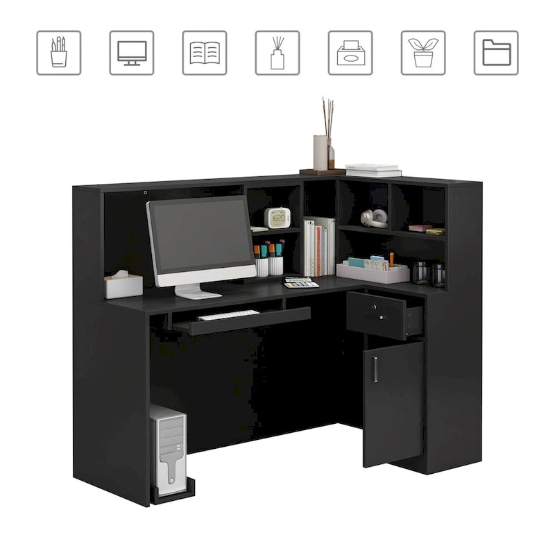 Bureau d'accueil en bois en forme de L, marbré noir ou blanc, de 55,9 pouces