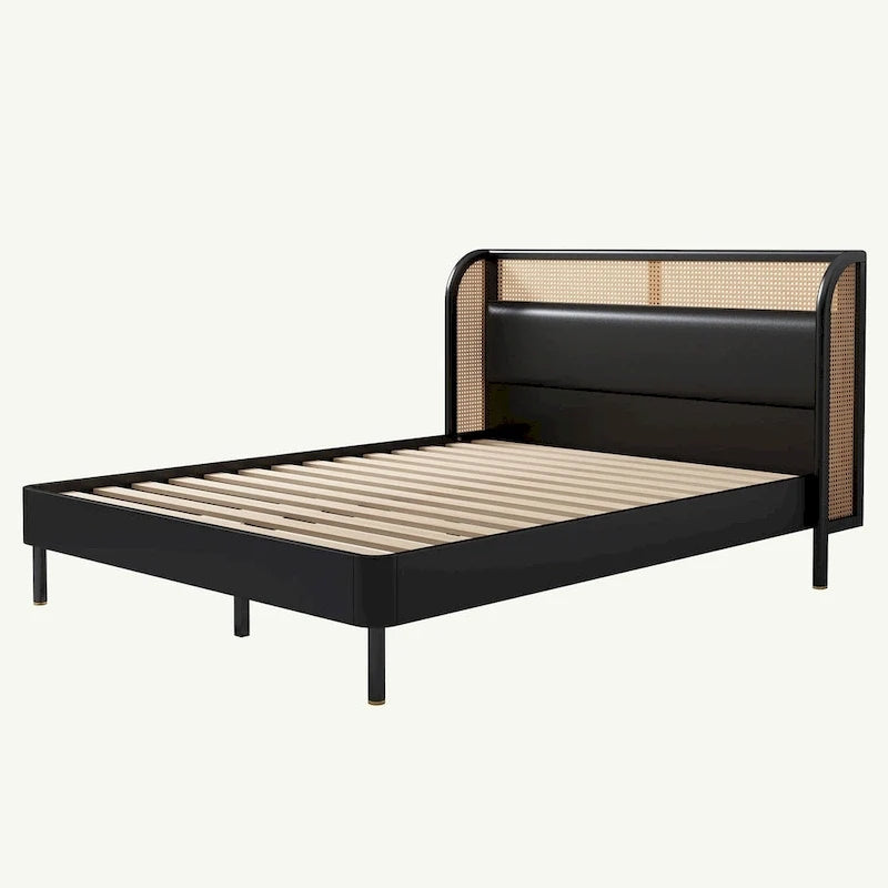 Lit plateforme Queen en bois de rotin