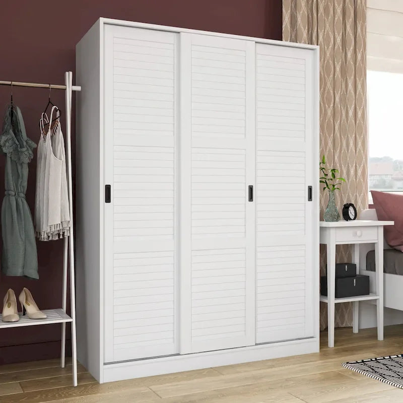 Système de rangement mural 100 % bois massif pour armoires et penderies, avec portes coulissantes à miroir, à persiennes ou à panneaux surélevés