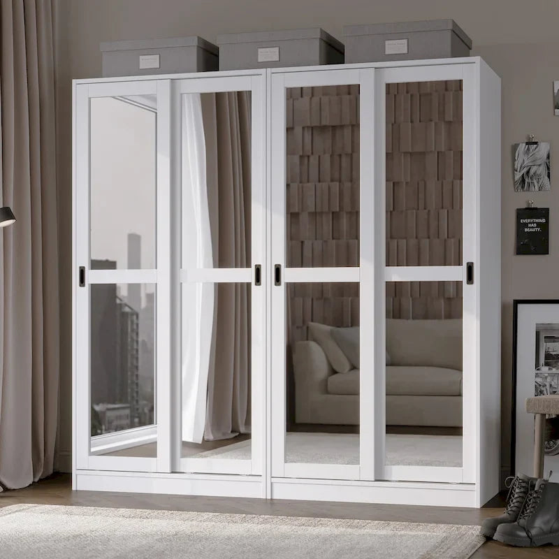 Système de rangement mural 100 % bois massif pour armoires et penderies, avec portes coulissantes à miroir, à persiennes ou à panneaux surélevés