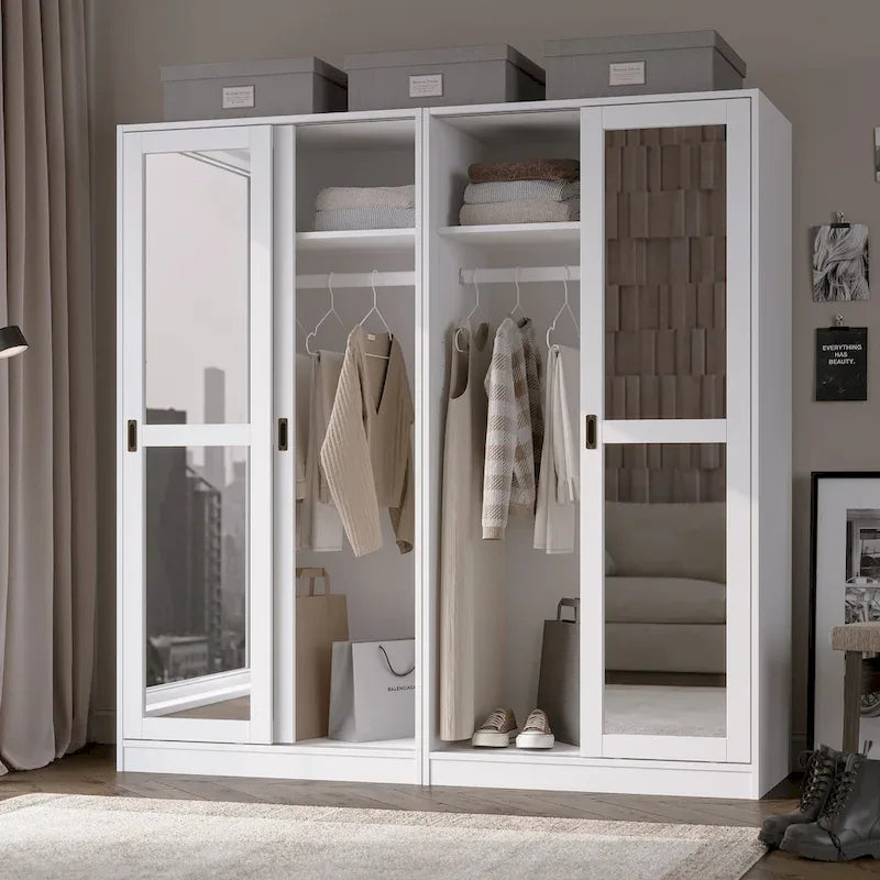Système de rangement mural 100 % bois massif pour armoires et penderies, avec portes coulissantes à miroir, à persiennes ou à panneaux surélevés