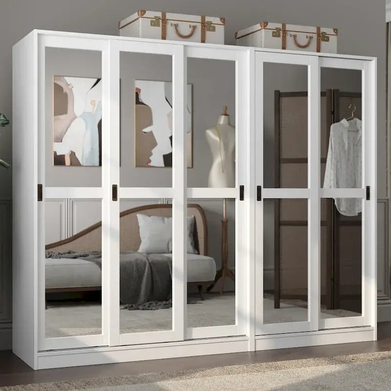 Système de rangement mural 100 % bois massif pour armoires et penderies, avec portes coulissantes à miroir, à persiennes ou à panneaux surélevés