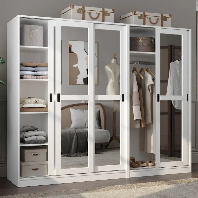 Système de rangement mural 100 % bois massif pour armoires et penderies, avec portes coulissantes à miroir, à persiennes ou à panneaux surélevés
