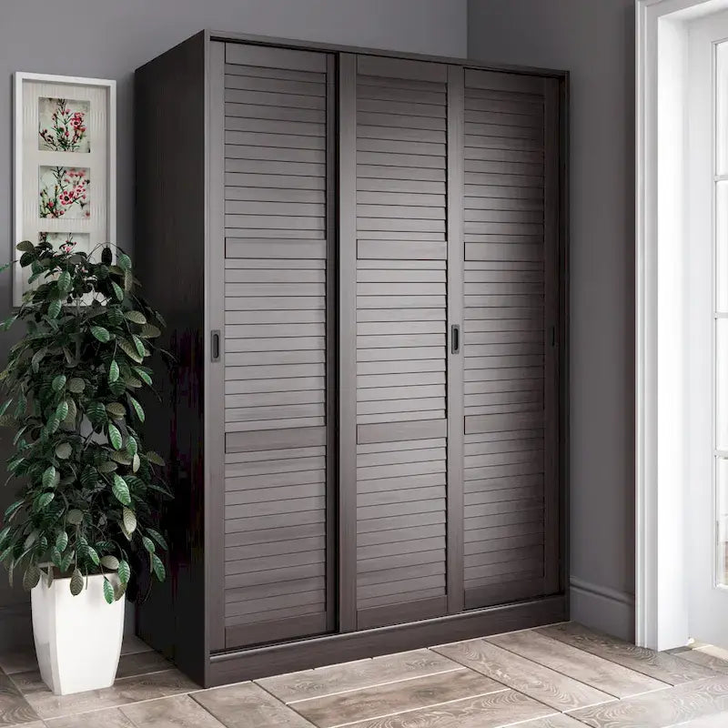 Système de rangement mural 100 % bois massif pour armoires et penderies, avec portes coulissantes à miroir, à persiennes ou à panneaux surélevés