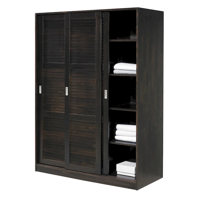 Système de rangement mural 100 % bois massif pour armoires et penderies, avec portes coulissantes à miroir, à persiennes ou à panneaux surélevés
