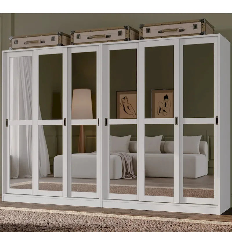 Système de rangement mural 100 % bois massif pour armoires et penderies, avec portes coulissantes à miroir, à persiennes ou à panneaux surélevés