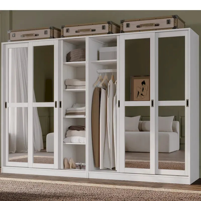 Système de rangement mural 100 % bois massif pour armoires et penderies, avec portes coulissantes à miroir, à persiennes ou à panneaux surélevés