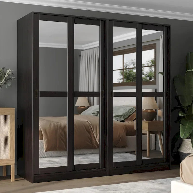 Système de rangement mural 100 % bois massif pour armoires et penderies, avec portes coulissantes à miroir, à persiennes ou à panneaux surélevés