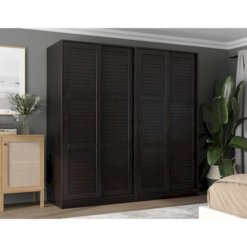 Système de rangement mural 100 % bois massif pour armoires et penderies, avec portes coulissantes à miroir, à persiennes ou à panneaux surélevés