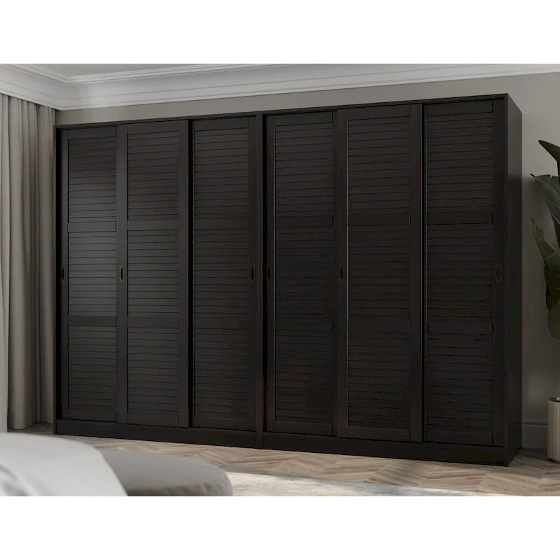 Système de rangement mural 100 % bois massif pour armoires et penderies, avec portes coulissantes à miroir, à persiennes ou à panneaux surélevés