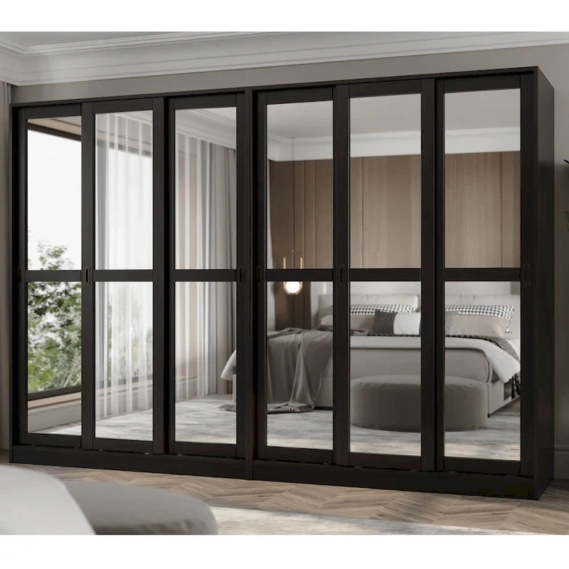Système de rangement mural 100 % bois massif pour armoires et penderies, avec portes coulissantes à miroir, à persiennes ou à panneaux surélevés