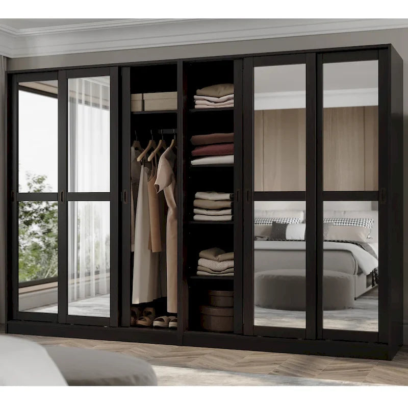 Système de rangement mural 100 % bois massif pour armoires et penderies, avec portes coulissantes à miroir, à persiennes ou à panneaux surélevés